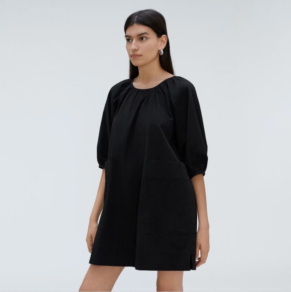 NWT Everlane Seersucker Puff Sleeve Mini Dress Black Size Medium - Picture 2 of 16